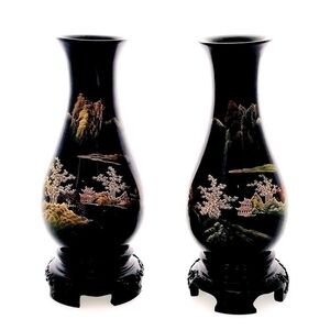 Flying Horse Antique Fuzhou Lacquered Wood Vases Pair Hand Painted 8”